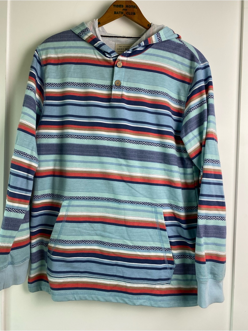 Lucky Brand Men’s Crewneck Hooded Striped Pullover - Aqua, Navy, Red